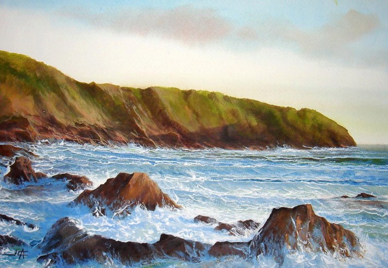 Paisajes y Bodegones: Pintura acuarela de paisaje marino con rocas