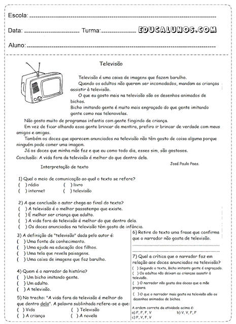 A história da televisão para interpretação de texto para o ensino fundamental