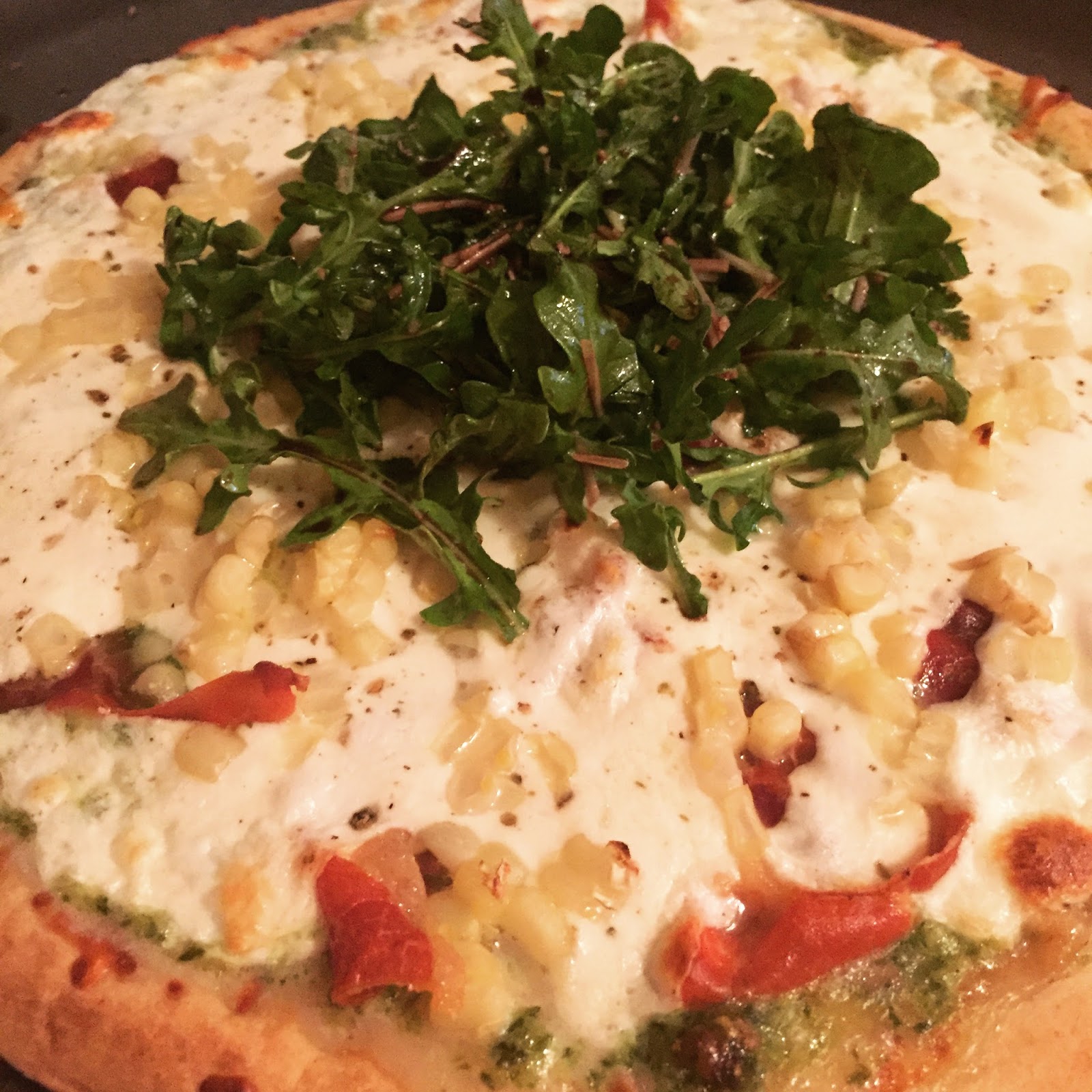 Alexandra Bee Blog Pesto Corn Pizza w/Crispy Prosciutto & Arugula
