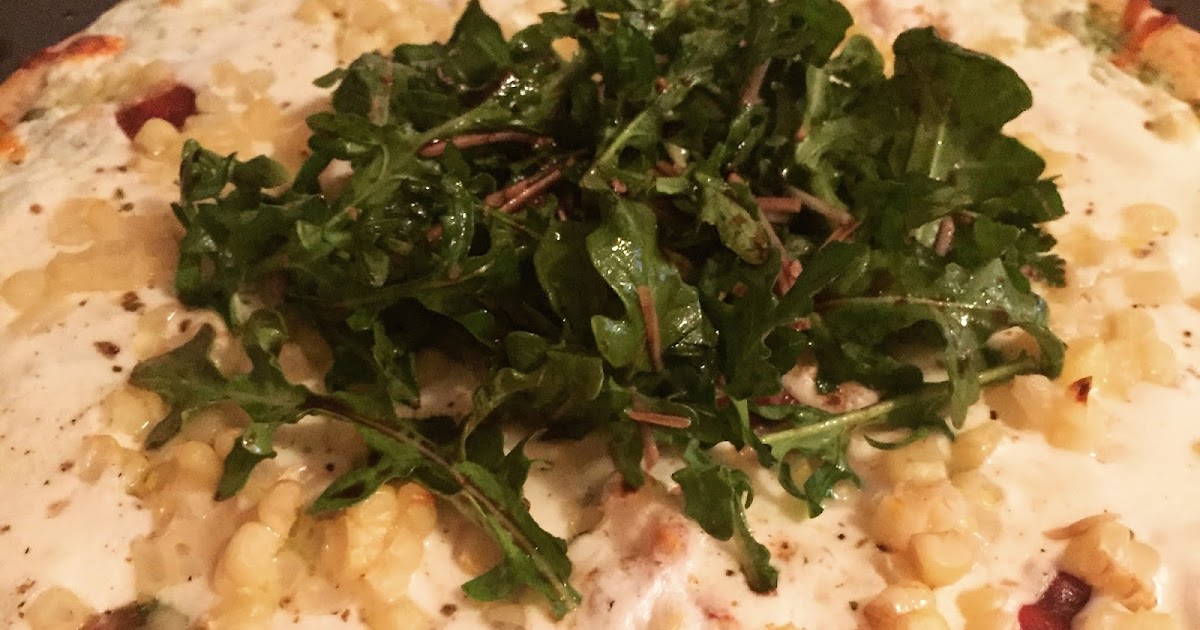 Alexandra Bee Blog Pesto Corn Pizza w/Crispy Prosciutto & Arugula