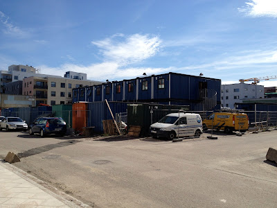 construction "trailer" is shipping containers construction office south of Riggaregatan
