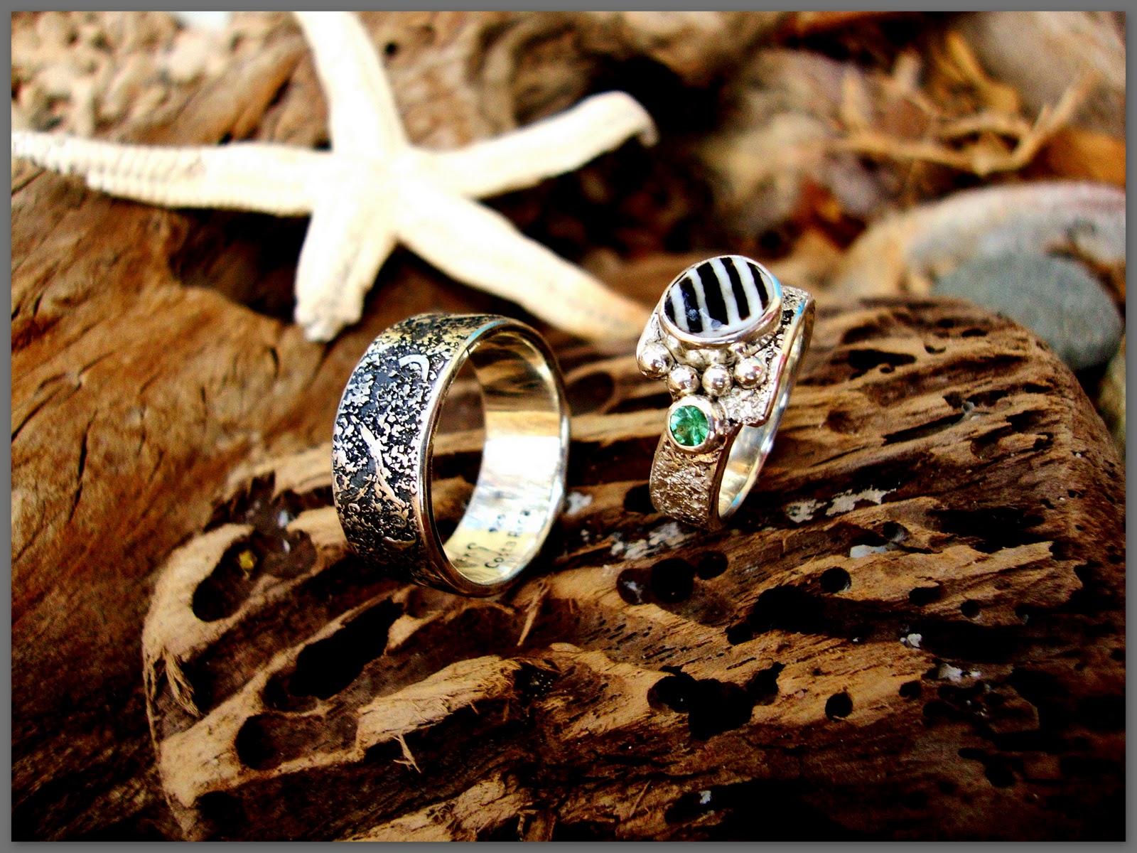 EK Art Jewelry Tamarindo Costa Rica Seashell & Tourmaline wedding bands