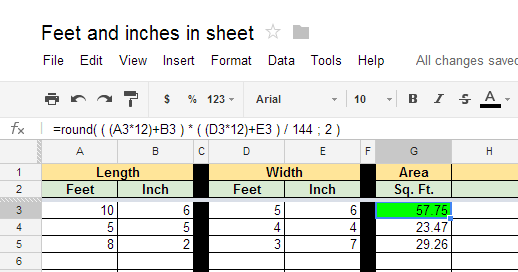 iGoogleDrive: Google Spreadsheet Area Calculations in Feet and Inches