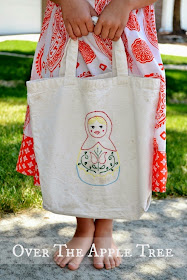 DIY Matryoshka Tote Bag {Over The Apple Tree}  Turn a plain canvas tote bag into a fun art project with puffy paint!