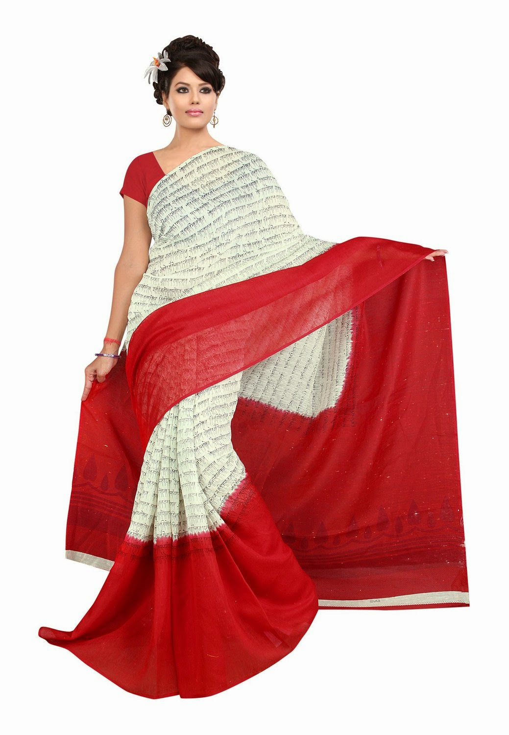  Red and White Quikry Prints Saree