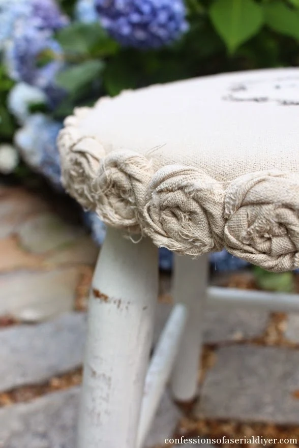 The flop to fabulous drop cloth rosette stool makeover, by Confessions of a Serial DIYer, featured on ILoveThatJunk.com