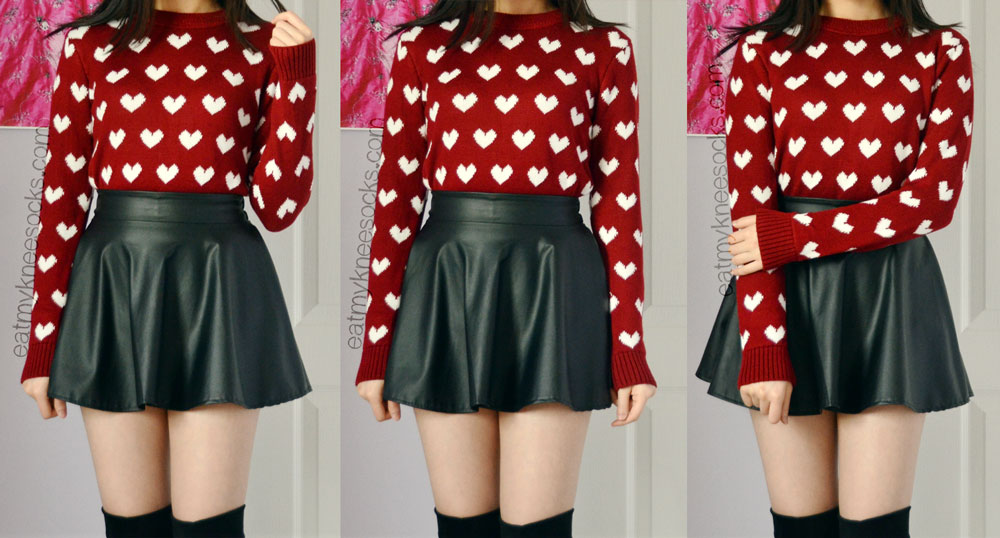 {Fashion Review} Red Heart Sweater from Sweetbox Store! - OOTD Pair the wine red heart sweater from Sweetbox Store with a flared skater skirt and boots for a mid-season look.