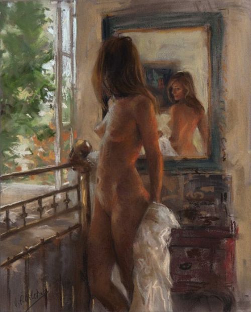 Vicente Romero pinturas mulheres impressionistas seminuas peladas Admirando a bunda no espelho