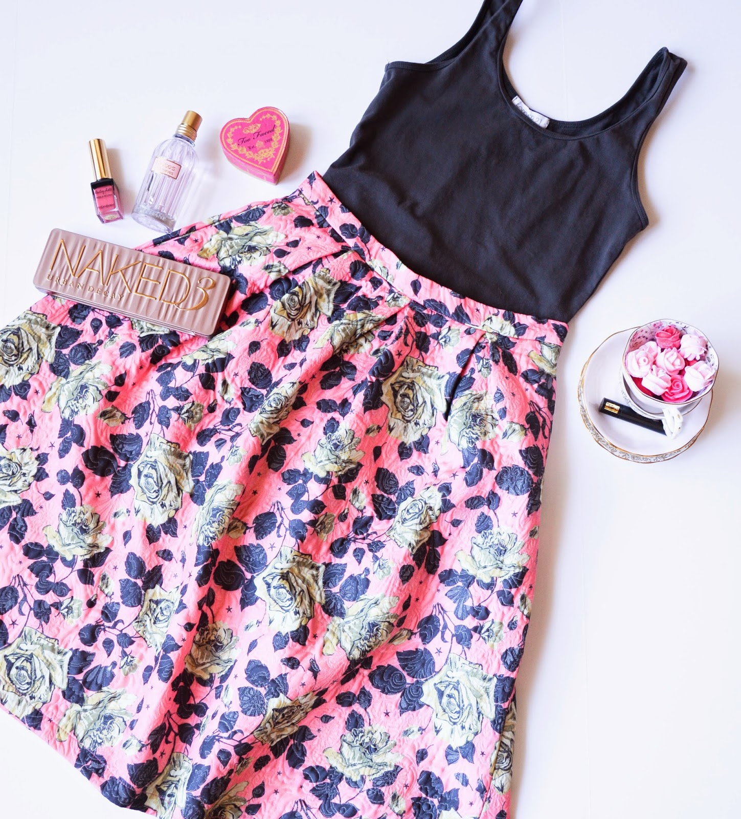 Pink and gray floral midi skirt from forever 21, paired with gray top