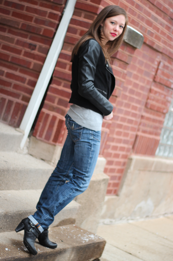 Black Leather Sleeve Jacket, Gray Sweater | StyleSidebar