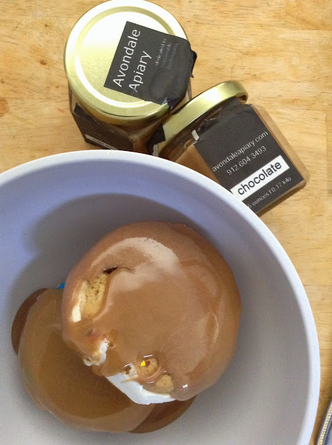 Caramel and chocolate creamed flavored honey from Avondale Apiary on ice cream