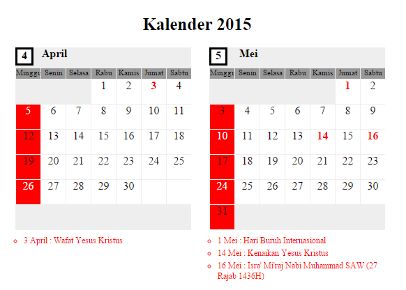 Kalender April - Mei 2015 Kalender April - Mei 2015