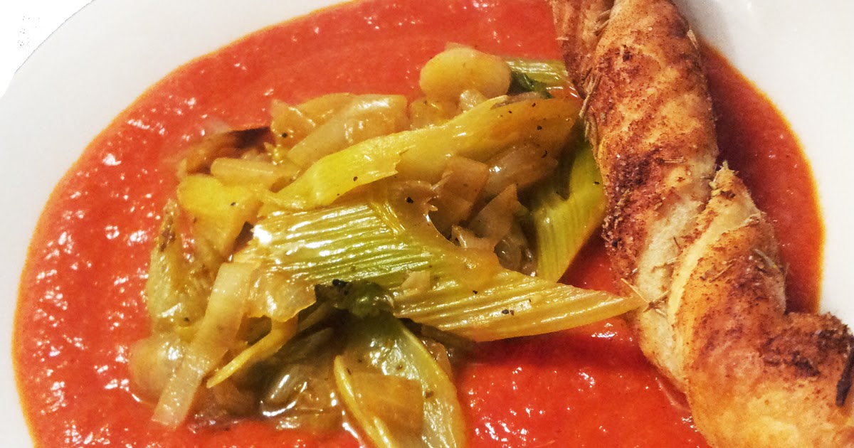 A Profound Hatred of Meat Tomato Artichoke Bisque, Braised Celery Hearts, Rosemary Coriander Twists