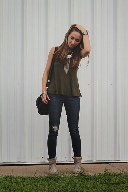 la night free people tank, suede booties, sole society boots, fringe necklace, j brand skinny jeans, hunter green tanks, trouve leather bag, michael kors tortoise shell watch