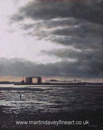 Southampton Docks from Weston shore winter sunset oil painting