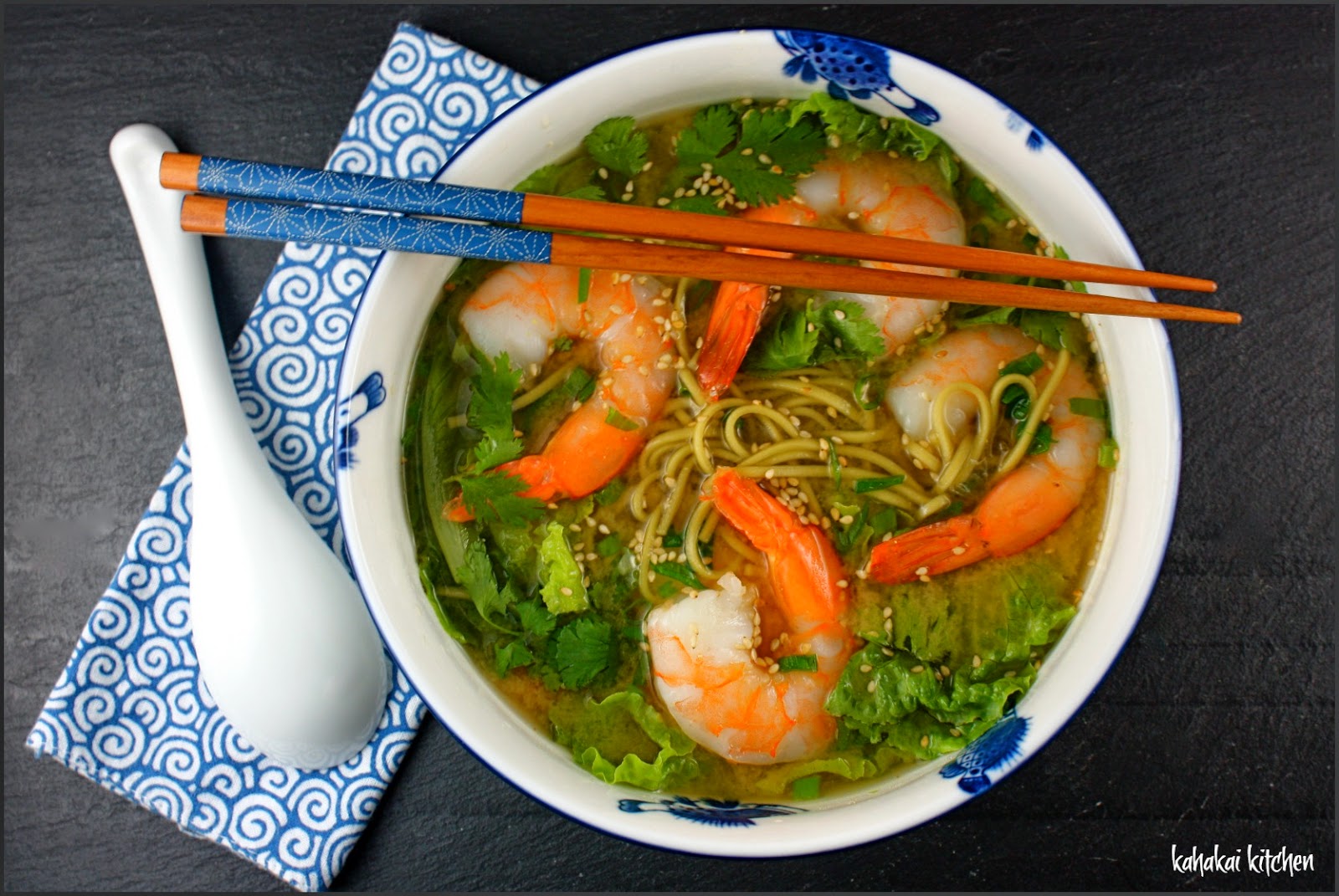 Kahakai Kitchen Miso Soup with Prawns and Green Tea Noodles for Souper