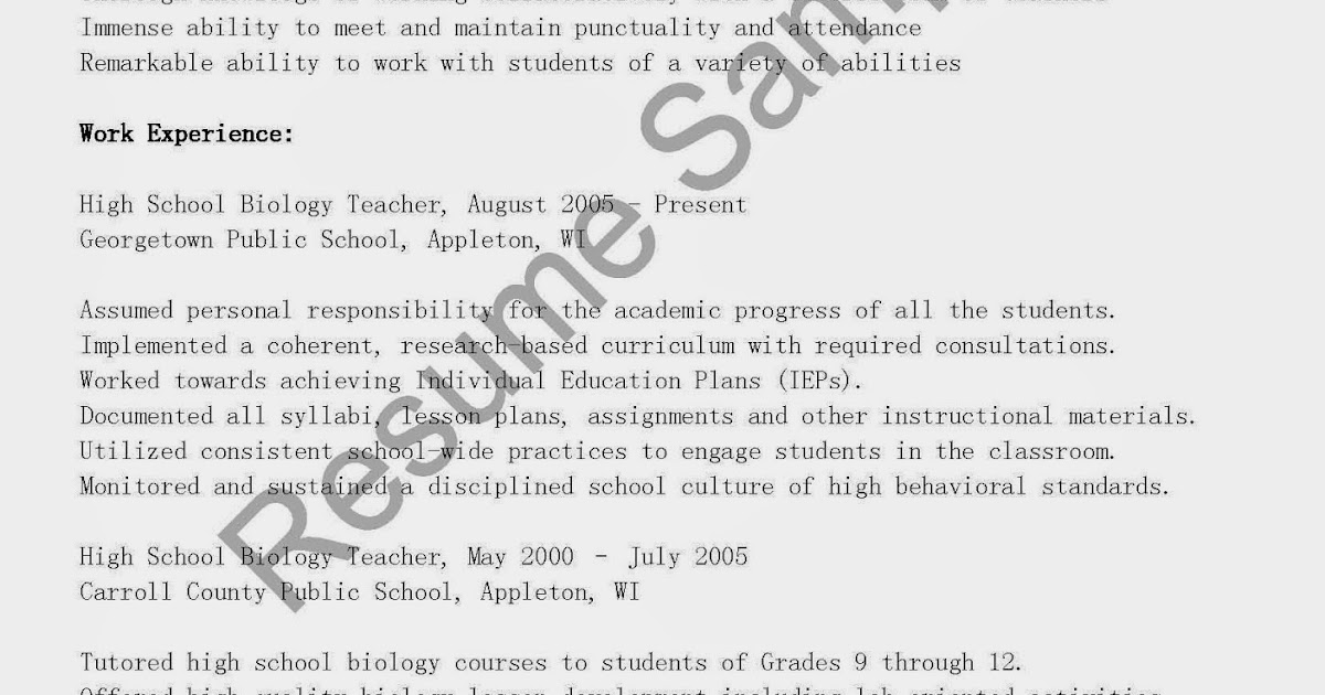 resume samples high school biology teacher resume sample resume samples for teachers with no experience