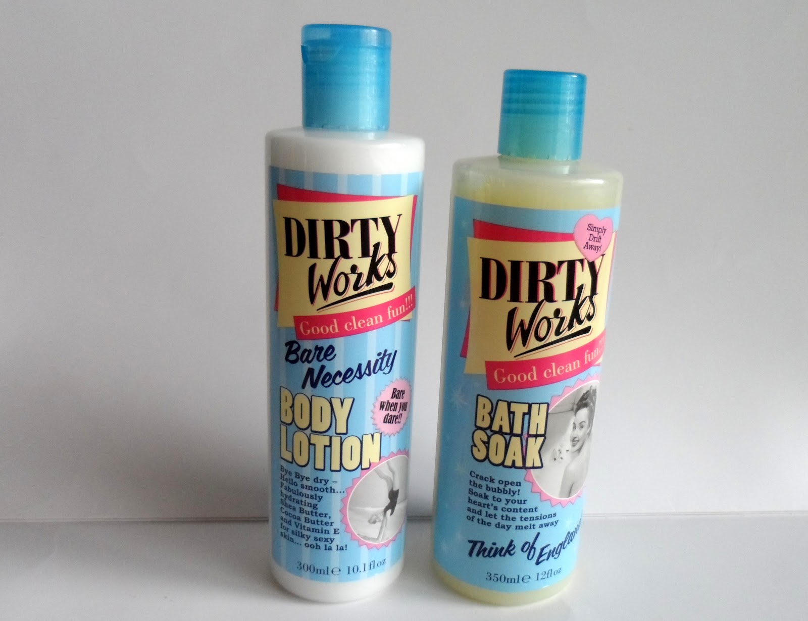 Dirty Works Bare Necessity body lotion and Think of England bath soak flutter and sparkle