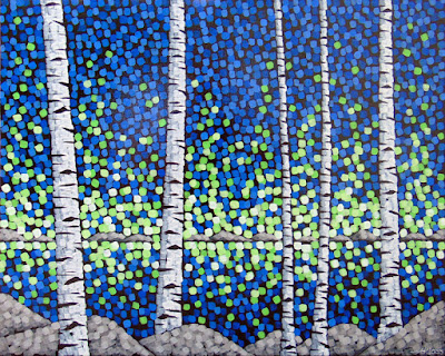 Aurora on the lake Aurora, northern lights, aaron kloss, sivertson gallery, pointillism, contemporary landscape