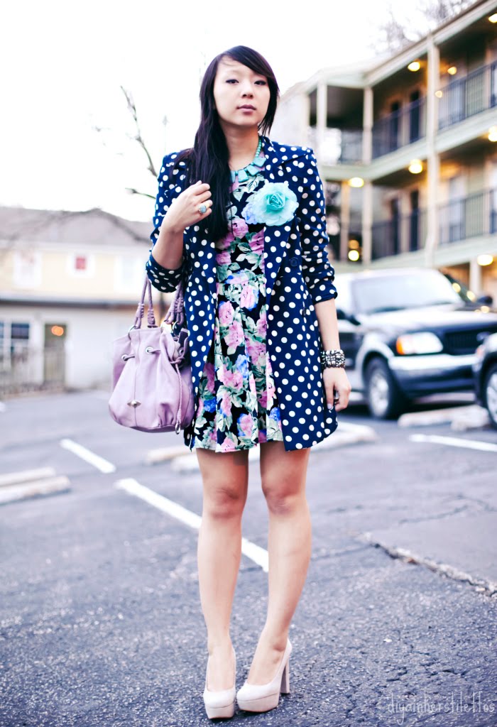 forever 21 polka dot trench coat, asos floral cotton sun dress, rough justice cara nude suede pumps, overstock lavender leather bag, austin fashion blog, austin street style, diya liu, texas fashion blog