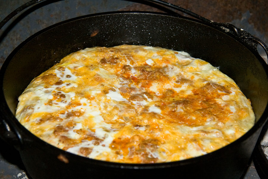 'Round the Chuckbox Spicy Dutch oven breakfast strata