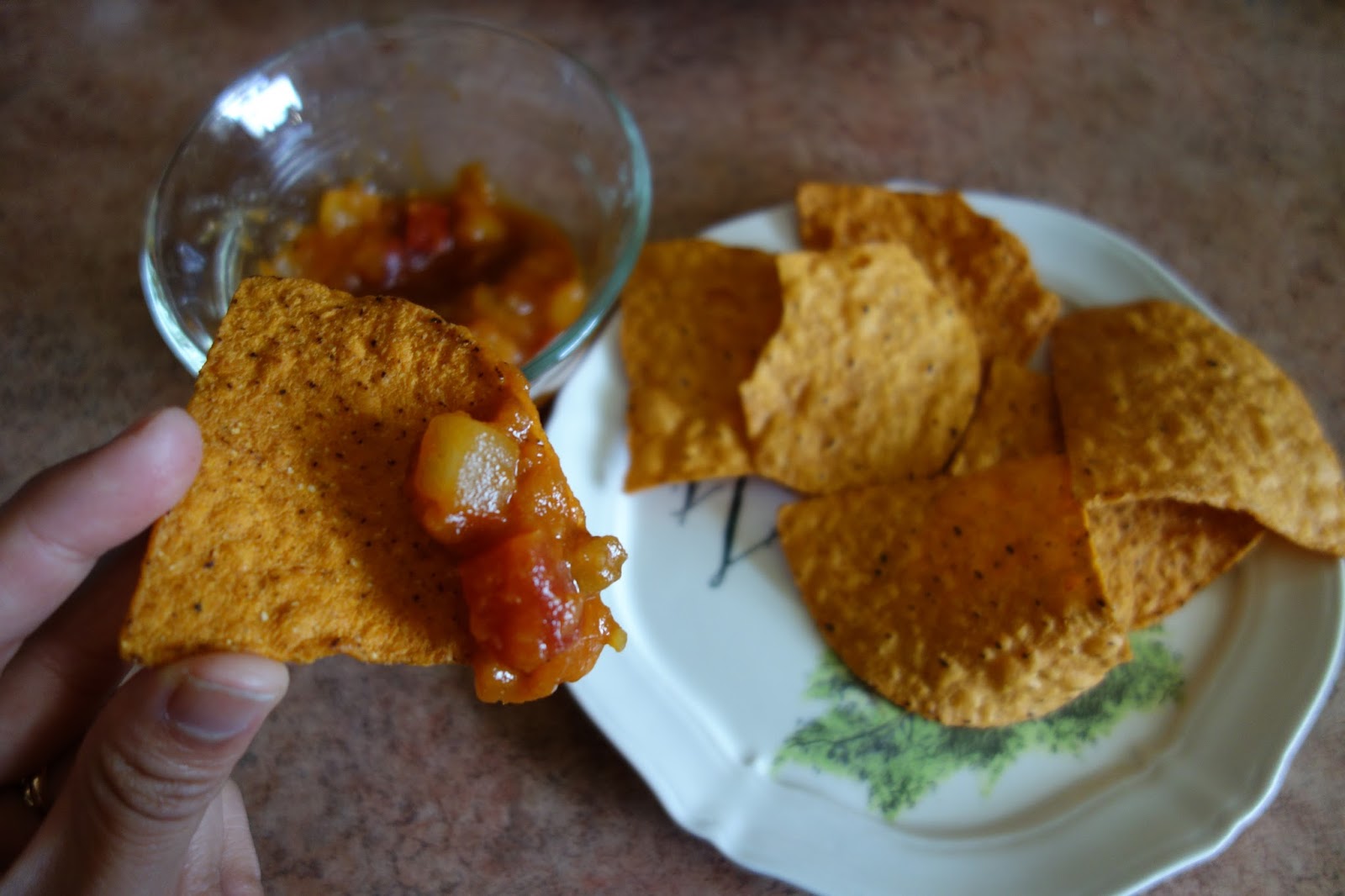 Trader Joe's Fall Harvest Salsa, Sweet Potato Tortilla Chips, & Pumpkin