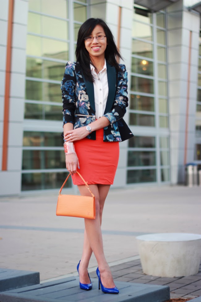 mini skirt blazer outfit bright florals