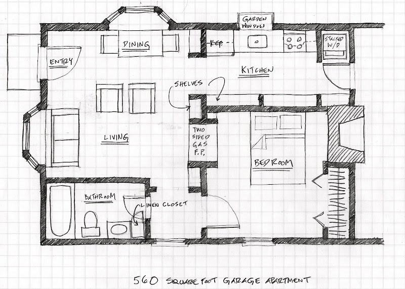 Floor plan for 560 square foot garage apartment. title=