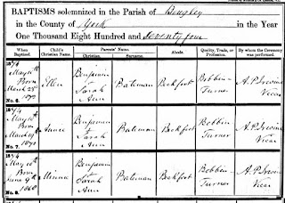 Baptisms for Ellen, Annie and Minnie Bateman at All Saints Bingley on 10th May 1874.