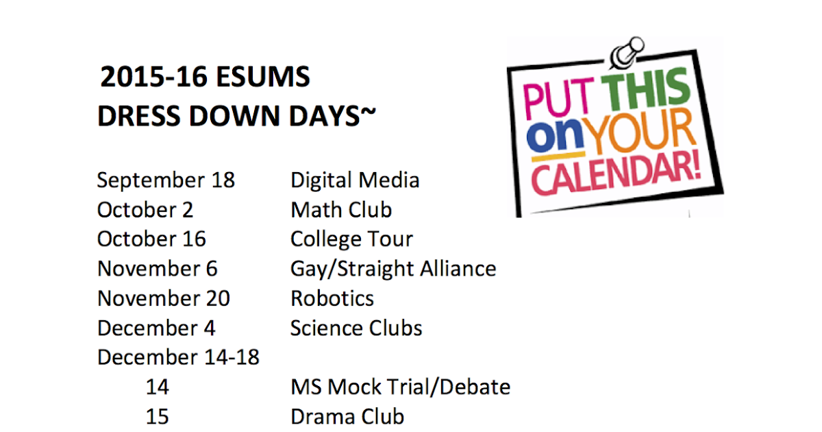 ESUMS PTO Announcements Schedule of DressDown Days for the Year