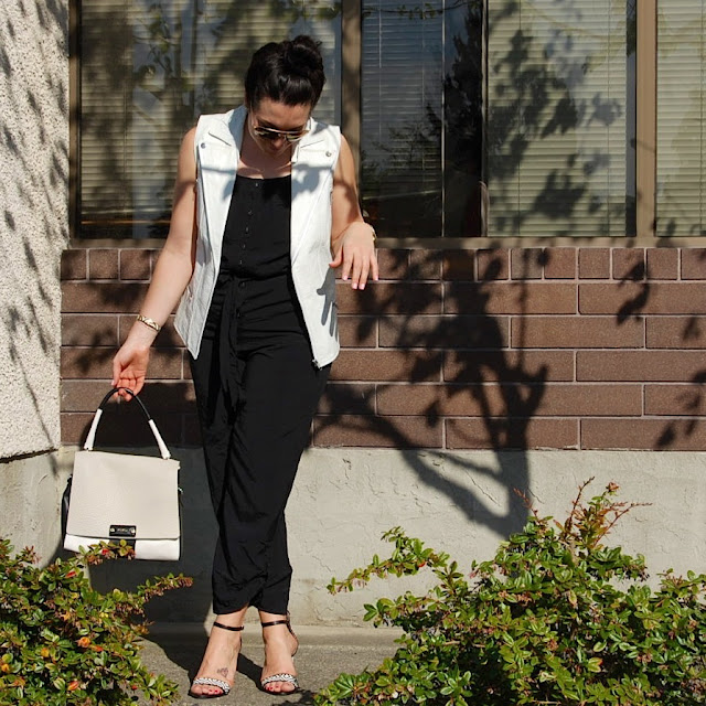 Stylestalker white leather vest, black jumpsuit and Zara sandals