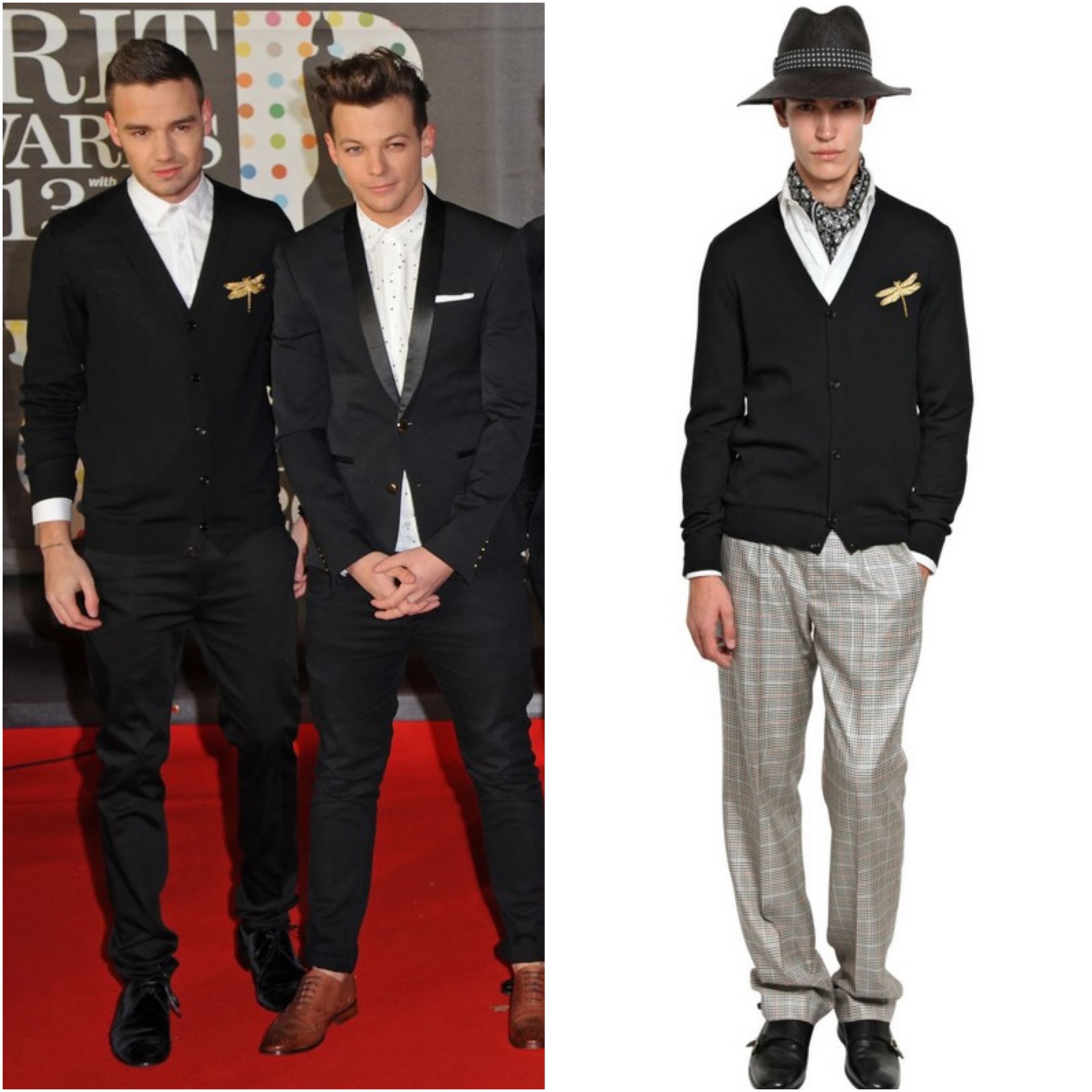 00O00 Menswear Blog Liam Payne from One Direction in Alexander McQueen gold dragonfly embroidered cardigan - Brits Awards 2013, #Brits2013