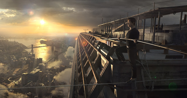 Joseph Gordon-Levitt walks between the World Trade Center as Philippe Petit. Joseph Gordon-Levitt Philippe Petit The Walk movie still
