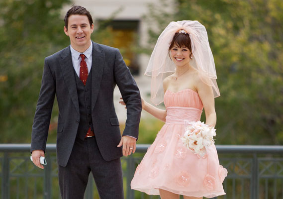 McAdams wears a short pink Betsey Johnson wedding dress in her new movie