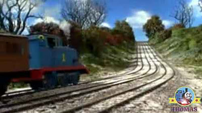 Thomas the train Clarabel and Annie steaming up snow coved steep main line express Gordon's hill