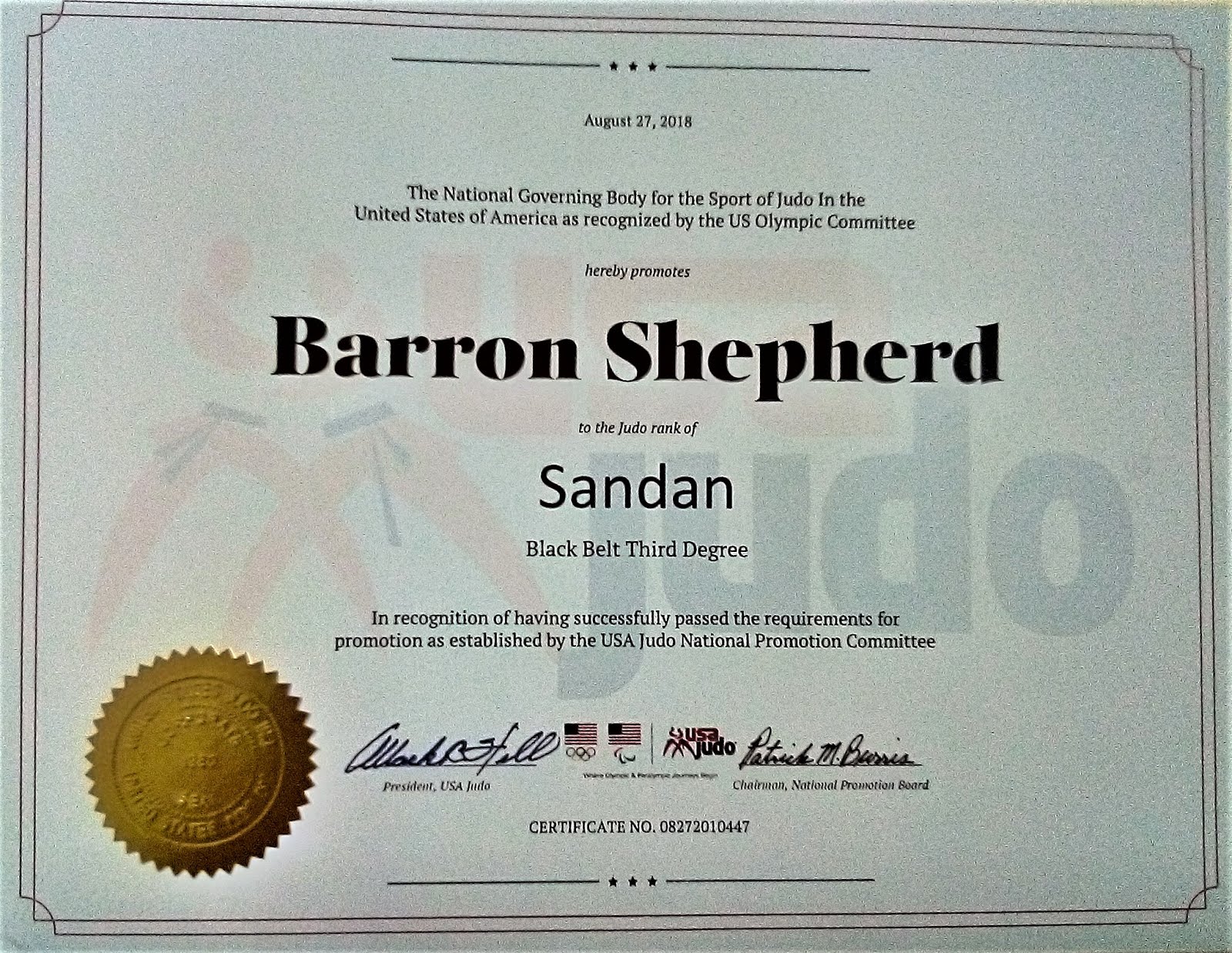 USA JUDO 3rd Degree Black Belt