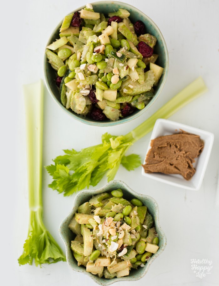 Peanutty Celery Apple Edamame Salad with a spicy kick! Vegan Recipe