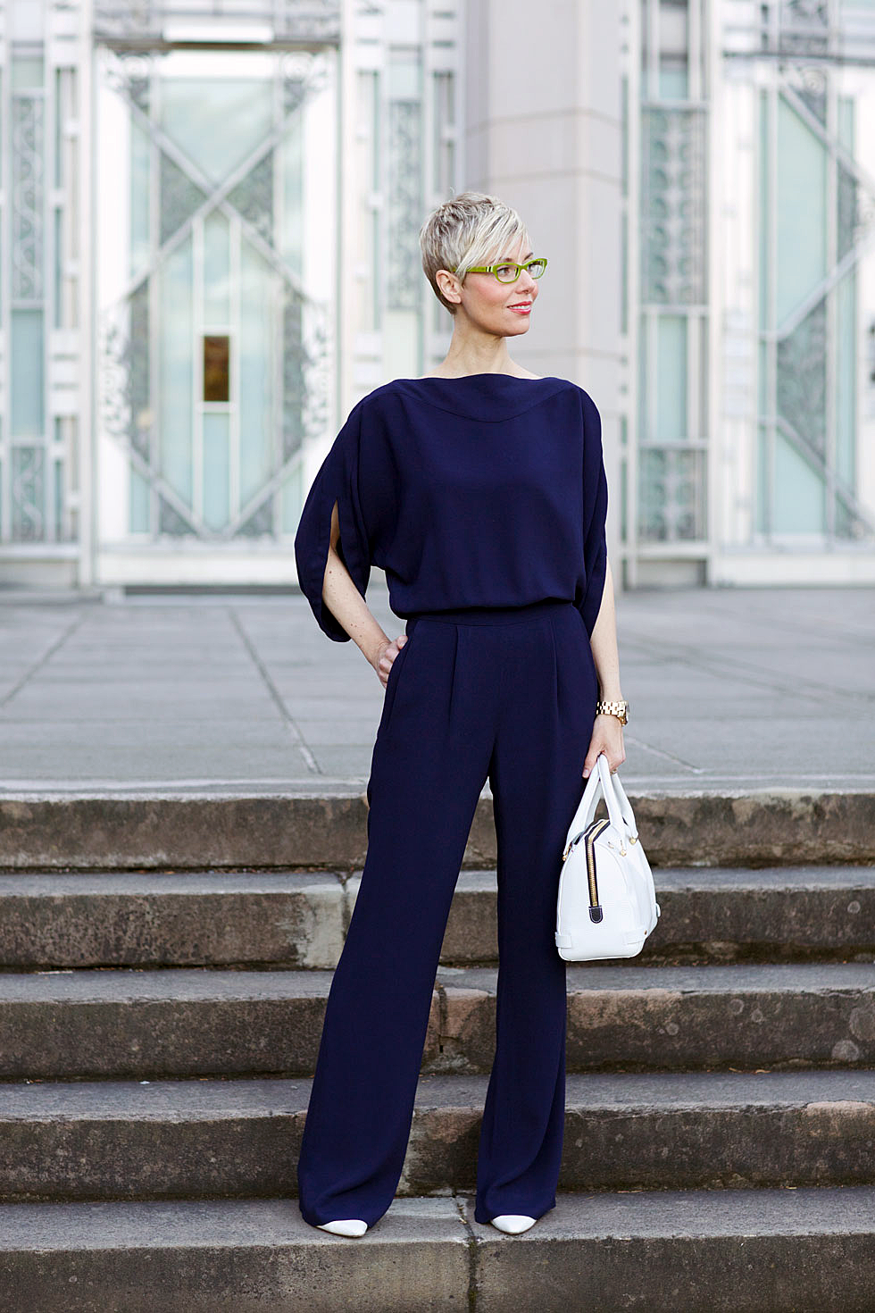 denim and white with heels