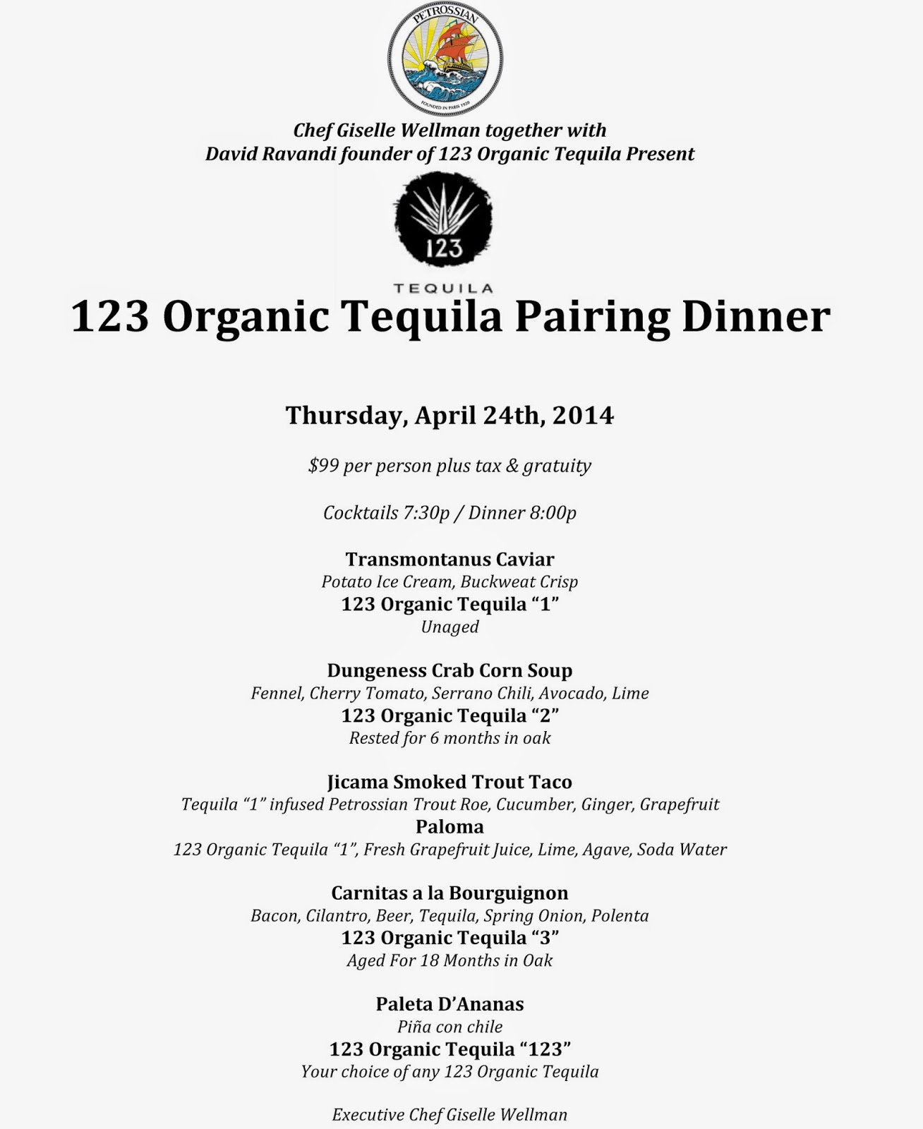 123 Organic Tequila (Uno Dos Tres) 123 Organic Tequila Pairing Dinner