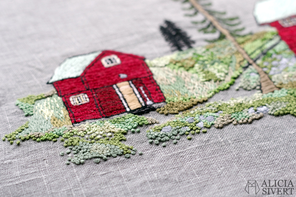 "Farfarstugan" (detail), embroidery by Alicia Sivertsson, 2015. "Farfarstugan" (detail), embroidery by Alicia Sivertsson, 2015. Alicia Sivert, aliciasivert, fritt broderi, needlework, hoop art, textile art, textilkonst, textil, konst, hus, hem, byggnad, house, 1700-tal, natur, sverige, fjällen, kreativitet, skapande, skapa, brodera, hantverk, franska knutar, french knots, röd stuga, stugor, house, home, hut, cabin