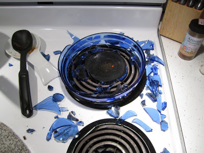 broken glass bowl on stove top
