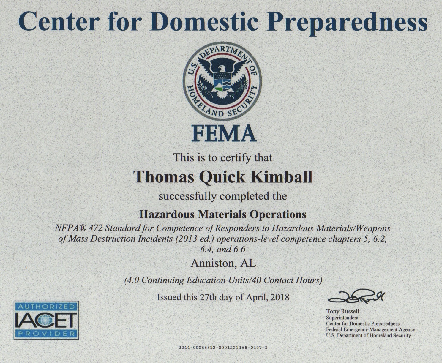 The Hazardous Materials Operations (HAZMAT Ops) Course HAZMAT OPS PER-322 at Class number 18R-0316