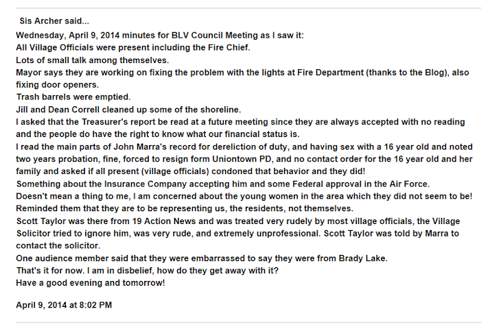 The real Brady Lake Village council meeting minutes from the 4/9/14 meeting.