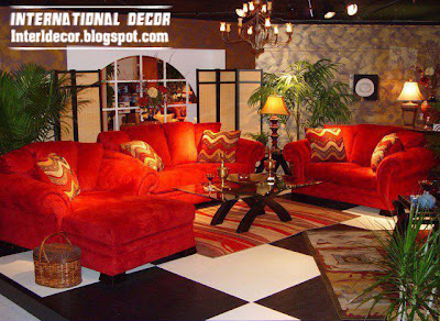 red sofas furniture with romantic lighting