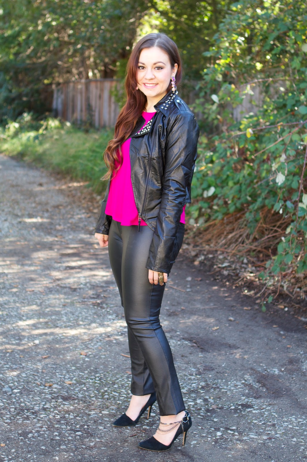 SF Bay Area Fashion & Style Blog - Studded moto jacket, leather pants, magenta top, purple stone earrings, shoe jewelry - Blue Vanilla + Red Stripes Boutique
