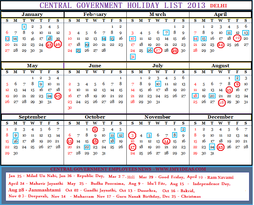 2013 Calendar with Holidays