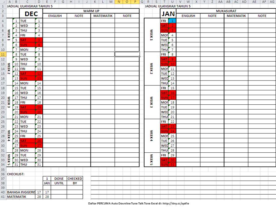 Jadual Belajar Matematik & Bahasa Inggeris  Tahun 5  Jadual Belajar