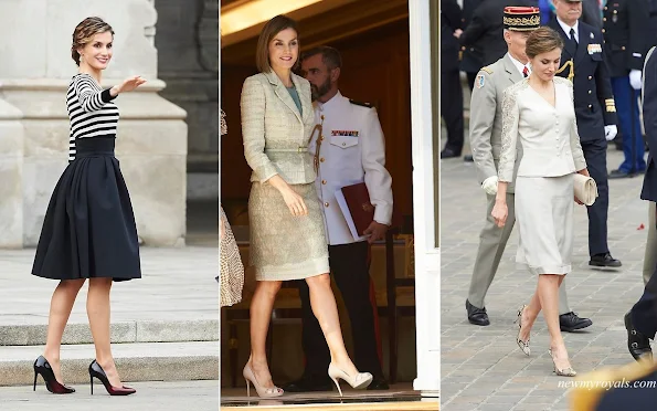 The outfits worn by Queen Letizia of Spain. Queen Letizia owns this style in many different colours and fabrics. Queen Letizia of Spain new style icon. Beethoven Earrings, Letizia S Closet, Royal Jewelry, Royal Style, Spanish Royals, Queen Letizia of Spain wearing dangly Earrings, Bracelets. diamond, necklaces. 