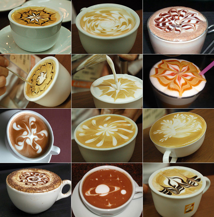 Variety of Latte Art on Coffee