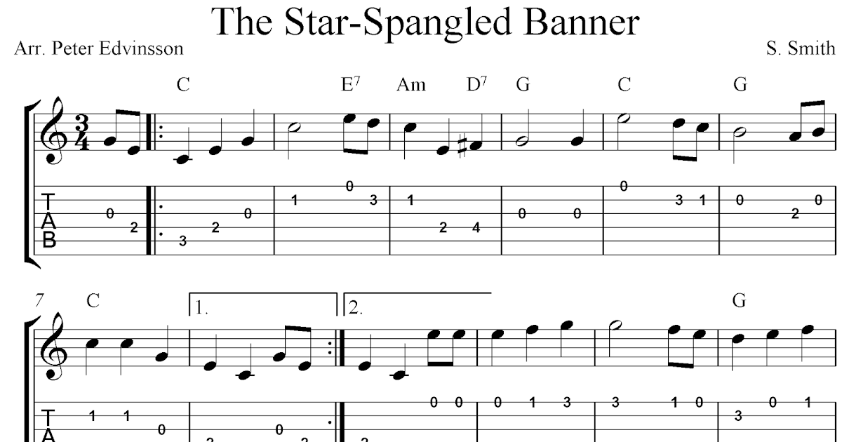 The StarSpangled Banner, free guitar tablature sheet music notes for